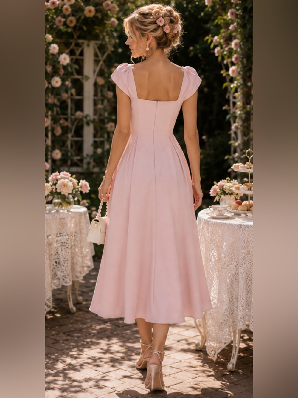 Timeless Romantic Garden Tea Party Coquette Blush Pink Square-Neck Midi Dress - Picture 3 of 6